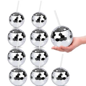 9 tazas de bola de discoteca con tapa y pajita - vasos de cóctel esféricos plateados... - Imagen 1 de 7