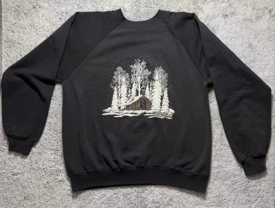 De Colección Años 90 Hanes Ropa Activa Sudadera Estampado Abullón Invierno Nieve Cabina Abuela Cuadrada Med Foto 1 de 4