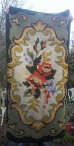Latch hook wool rug vintage hand made large 70" x 36" green - Picture 1 of 6