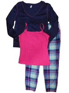 Junior Womens Blue Plaid 3 Piece Fleece Pajamas Sleep Set with Camisole X-Large - Picture 1 of 1