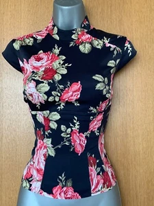 Karen Millen UK 10 Black Rose Print Oriental Chinese Corset Top Shirt Blouse 38 - Picture 1 of 7