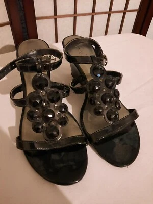 Fioni Black  Wedge Heel Open Toe  ankle Buckle Size 9- Nice! Pre-owned - Image 1 of 4