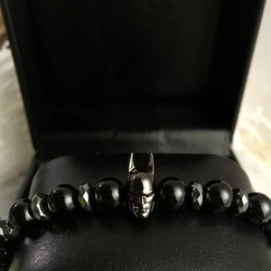 Charm Black Batman Bracelet Men 8mm Black Natural Onyx Round Male Bead Bracelets - Picture 1 of 4