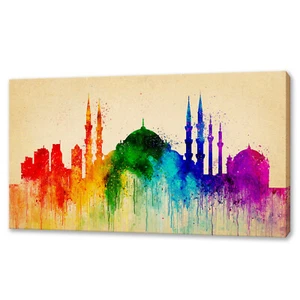 Istanbul Colourful Watercolour Skyline Landmarks Canvas Print Picture Wall Art - Picture 1 of 8