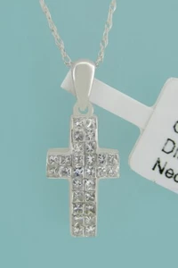 GENUINE 0.50 Cts DIAMONDS CROSS NECKLACE 14K WHITE GOLD - Free Certificate - Picture 1 of 4