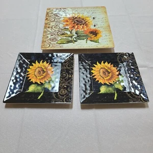 Sunflower Melamine Plates Lot Of 3 Merritt Square Tan & Black - Picture 1 of 11