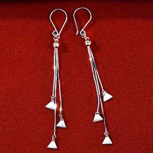 Pure Platinum 950 Women Lucky Triangle Snake Chain Tassel Dangle Earrings 3-3.1g - Picture 1 of 9