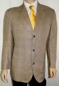 41R Donna Karan New York Blazer - Men 41 Brown Plaid Linen Suit Jacket
