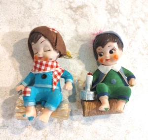 VINTAGE 4.5” PLASTIC Sleeping Country Boy Figure HONG KONG Pixie on log Lot of 2 - Picture 1 of 7