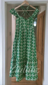 Zara SS22 Long Flowing Embroidered Dress S M 100% Cotton Green Open Back BNWT