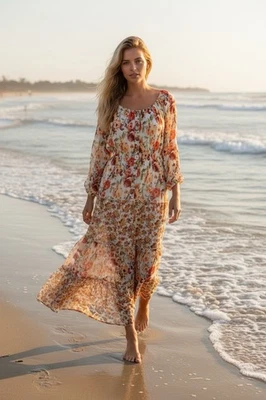 Figueroa & Flower Maxi 连衣裙女式 XL 层花卉波西米亚农民小屋核心 — 第 1/4 张图片