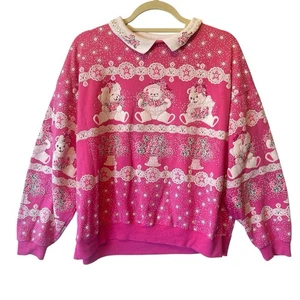 Spumoni vintage collared sweatshirt M Pink Teddy bear 80s Girlypop Relaxed fit - Picture 1 of 11