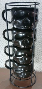 Halloween Skull Ceramic Stacking Mug Set of 4 Metal Rack 12oz 4" wide x 3" Tall - Picture 1 of 8