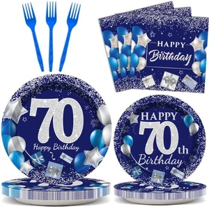 96 Pcs 70th Birthday Party Supplies Navy Blue and Silver Birthday Plates 70th... - Picture 1 of 7