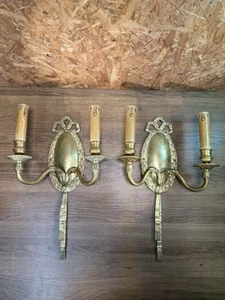 Large Pair Of Double Wall Sconces Louis XVI Style, Medallion, Bronze And Brass - Picture 1 of 9