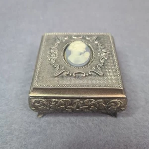 Vintage Metal / Cameo Trinket Jewellery Box Footed Velvet Lined Embossed JAPAN - Picture 1 of 8