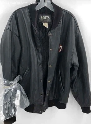 Chaqueta Bomber Roots Para Hombre Cuero Negra Manga Larga Bolsillos Cremallera Completa Talla Mediana Foto 1 de 4