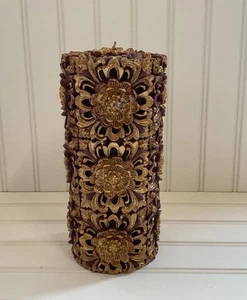 NOVICA Carved Floral Pillar Candle Gold Over Brown Beeswax & Palm Wax 8 Inch - Picture 1 of 14