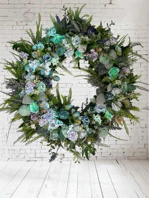 Mint And Teal Lavender Floral Wreath- Blue Teal Cottage door Decor- Gift For Her - Image 1 of 4