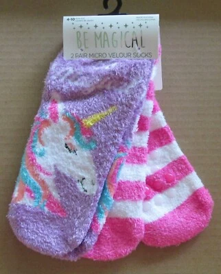 Ladies Socks Micro Velour Cozy 2 Pair- Shoe Size 4-10 Unicorn & Pink Stripe - Image 1 of 3