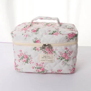 Womens Large Travel Quilted Makeup Bag Big Floral Cotton Cosmetic Pink Pattern - Picture 1 of 20
