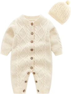 Baby Newborn Cotton Knitted Sweater Romper Longsleeve Outfit with Warm Hat Set - Picture 1 of 12