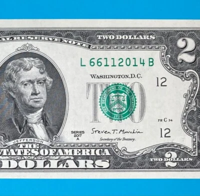 TRAILING YEAR 2014 (L 6611 2014 B) $2 Two Dollar Bill Serial Number 2017A *UNC* - Image 1 of 4