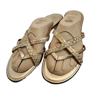 Italienische Schuhmacher Flip Flop Keilabsatz Sandalen Metallic Gold Riemen Größe 10 Nacht - Bild 1 von 6