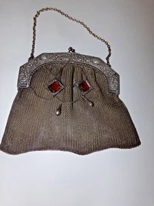 Large Antique Heavy German Silver Mesh Purse Gold stones - Picture 1 of 8