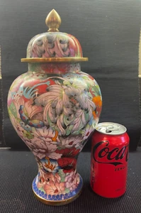 LARGE VINTAGE ASIAN CHINESE ENAMEL CLOISONNE GINGER JAR/URN FLORAL MOTIF - Picture 1 of 8