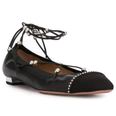 Aquazzura Talla 5 US Mystique Ballet Pisos Cuero Negro Con Cordones Foto 1 de 4