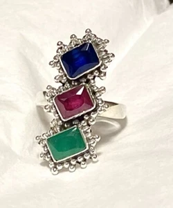 Awesome Sapphire Ruby Emerald Ring 925 Sterling Silver Size 7.5🌹 - Picture 1 of 11