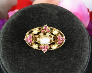 OPALESQUE Glass Cab PIN Vintage Brooch PINK Rhinestone Faux Pearls Goldtone Oval - Picture 1 of 10