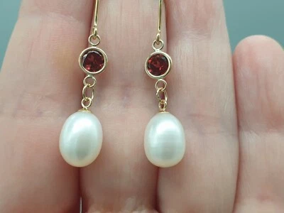 9ct Yellow Gold Gemstone & Cultured Pearl Earrings 9K 375 Drop Dangle Ear Wires - Image 1 of 4