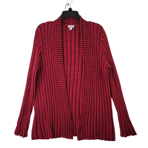 Kim Rogers Womens Red Black Geometric Ribbed Knit Cardigan Sweater SZ L - Picture 1 of 9