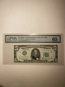 $5 1963A Federal Reserve Note St. Louis Granahan | Fowler Gem Uncirculated 65 - Picture 1 of 2