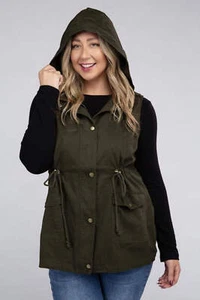 Zenana Drawstring Waist Military Hoodie Vest - Picture 1 of 17