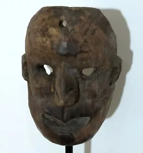 RARE 19th CENTURY TIBET ETHNOGRAPHIC ANCESTOR CARVED WOOD MASK (#1) - ON STAND - Picture 1 of 5