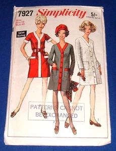 VESTIDO ABRIGO CÁRDIGAN ESTAMPADO COSTURA SIMPLICIDAD 7927 TALLA 18 40" BUSTO AÑOS 60 - Imagen 1 de 2