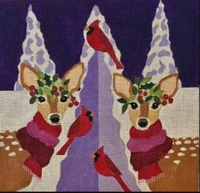 Needlepoint Handpainted Christmas Melissa Prince Fawns and Cardinals 10x10 - Image 1 of 4