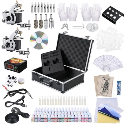 Kit de tatuaje completo profesional 54 tinta 2 ametralladoras conjunto LCD estuche fuente de alimentación Foto 1 de 4