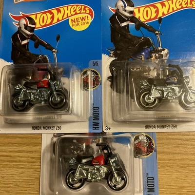 HOT WHEELS 2016 #135 RED & 2017 #115 BLUE HONDA MONKEY Z50 MOTORCYCLE Lot OF 3 - Image 1 of 4
