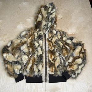 Guess Women’s Faux Fur Bomber Jacket Size M Medium Brown Used Good - Picture 1 of 12