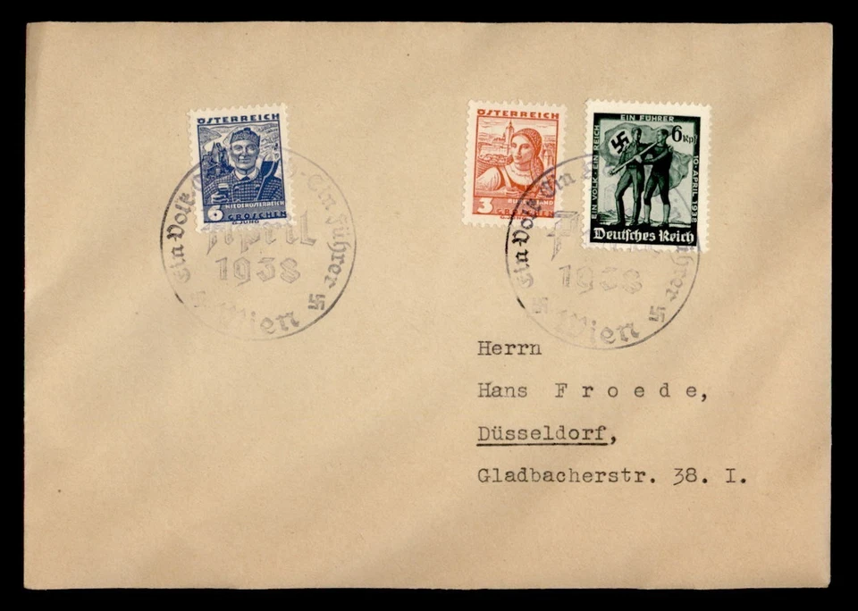 DR WHO 1938 AUSTRIA MIXED FRANK GERMANY VIENNA SLOGAN CANCEL M52854 - Image 1 of 2