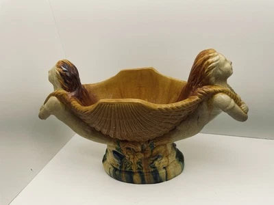 古董双美人鱼贝壳装饰大碗 - 11 英寸高,16 英寸长,6 英寸宽 — 第 1/4 张图片