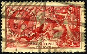 1934 SEAHORSE, SG 451, 5/- RED, RE-ENGRAVED, USED, LOT UK 7 - Picture 1 of 2