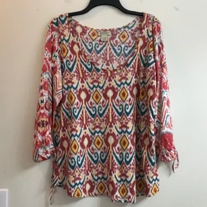 Pullover ligero Lucky Brand verde azulado, amarillo y ladrillo, talla grande - Imagen 1 de 9