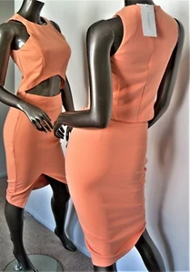 NWT-LUCY PARIS PEACH NEON CORAL THIGH SLIT LINED MIDI PENCIL SKIRT SZ-M MSP$58 - Picture 1 of 10
