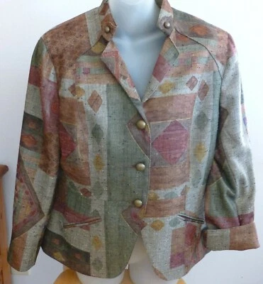 COLDWATER CREEK Brown Green Gray JACKET Geometric Herringbone* Banded Collar 14P - Image 1 of 2