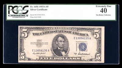 DBR 1953-A $5 Silver Fr. 1656 EA Block PCGS XF-40 Serial E13056135A - Image 1 of 2